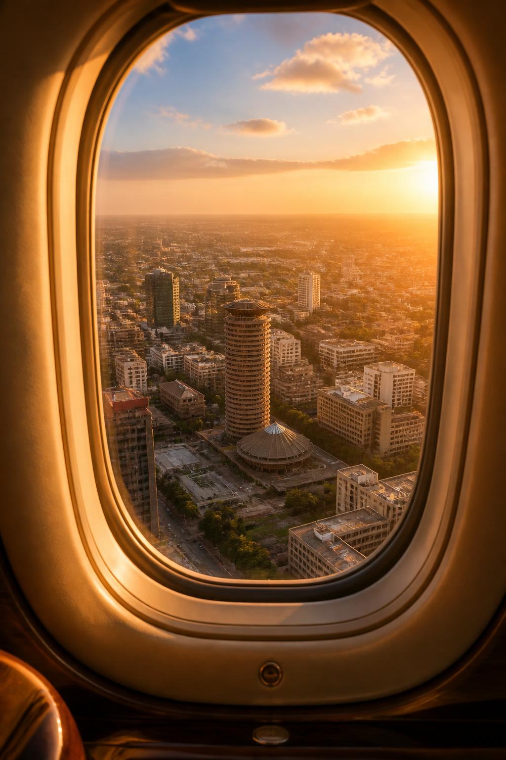 Sunset view of Nairobi skyline with KICC through aircraft window