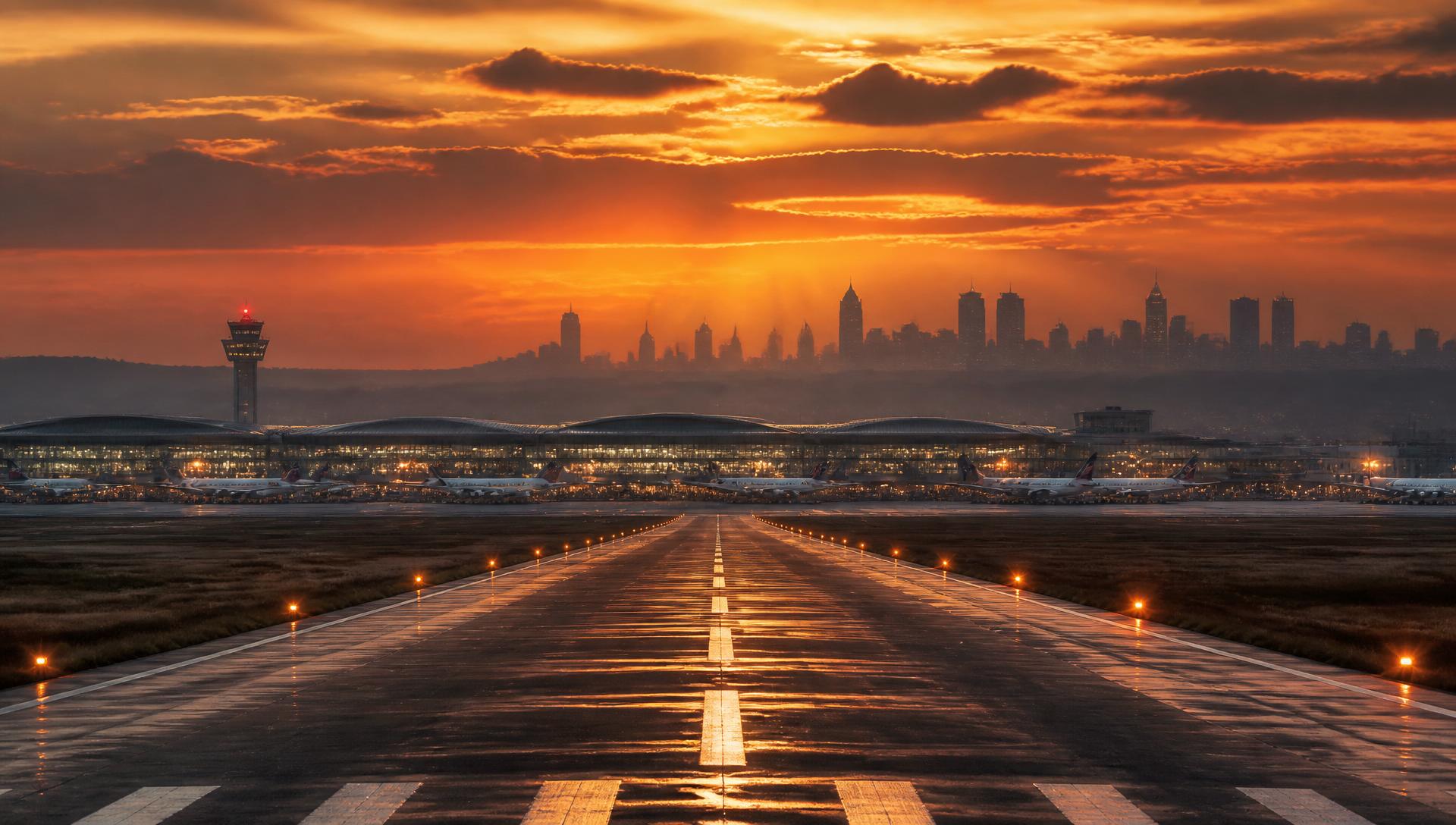 Airport runway at sunrise with city skyline